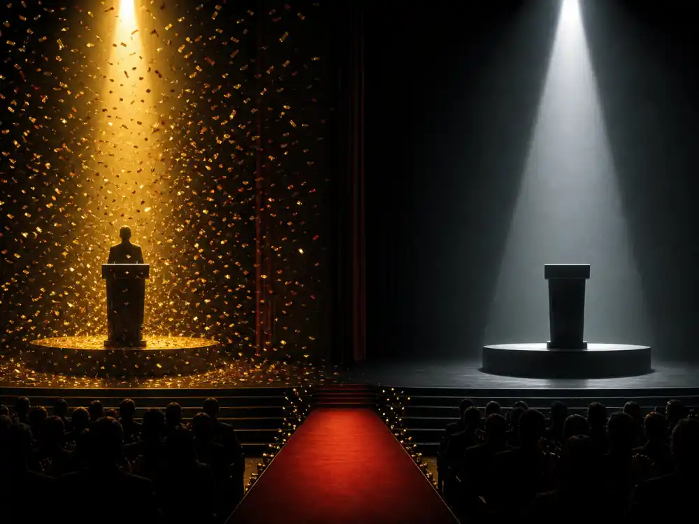Split awards podiums with confetti on one side and empty spotlight on the other represent celebrity award show snubs controversial across Oscar, Grammy, Emmy, and SAG ceremonies