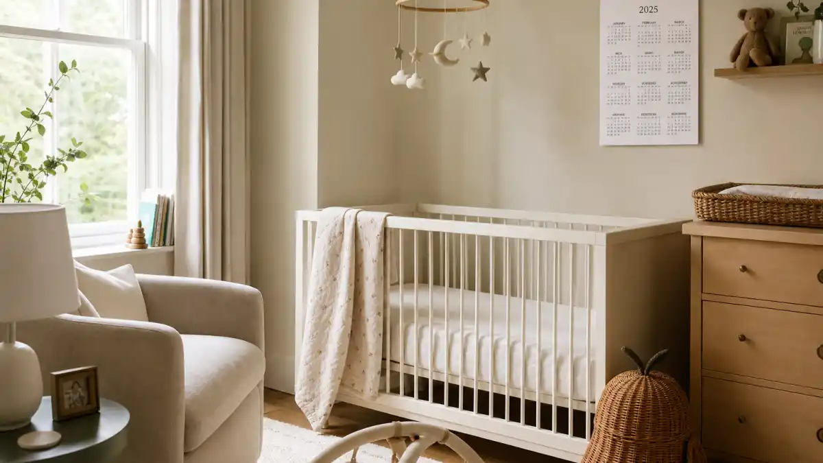 Celebrity babies born in 2025 list nursery hub — modern cream crib with 2025 calendar and soft natural window light in a celebrity-style home