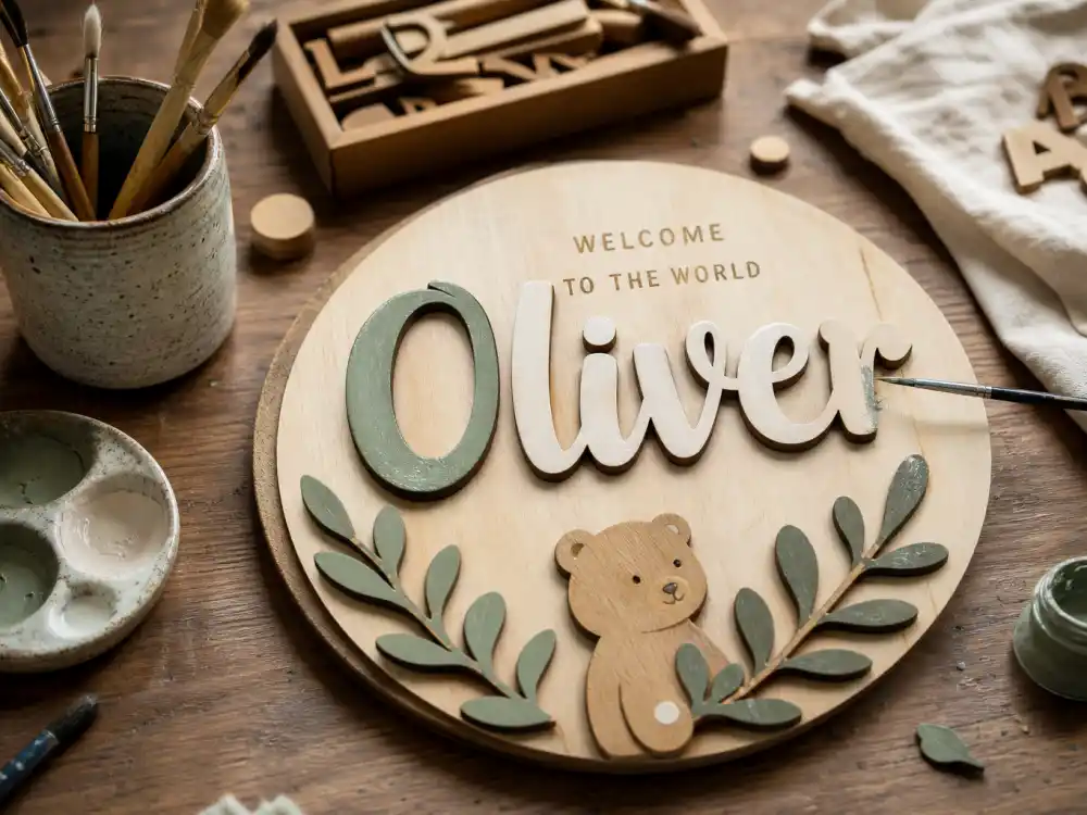 Wooden nursery name plaque on craft table — celebrity babies born in 2025 list name trends favor vintage first names and music-inspired middles
