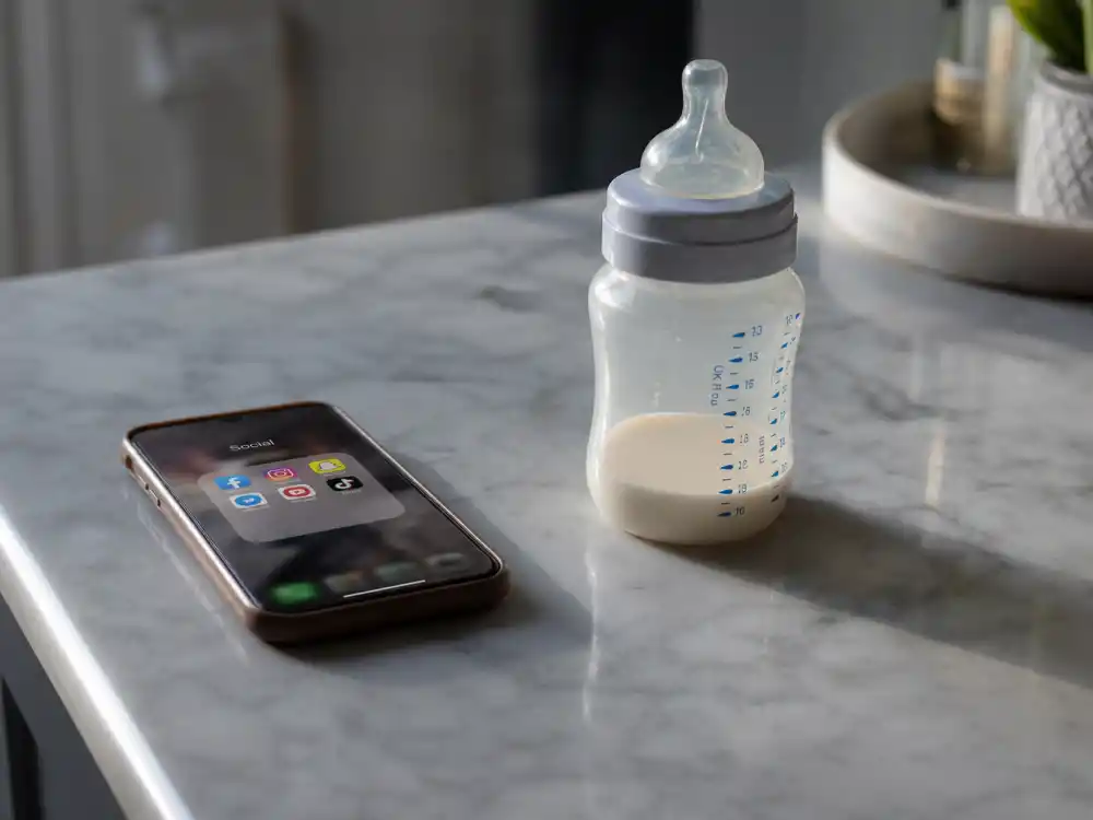 Phone beside baby bottle on kitchen counter — celebrity babies born in 2025 list and the privacy-first announcement era