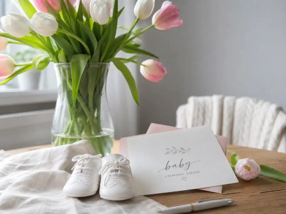 Spring baby announcement table with tulips and tiny shoes — celebrity babies born in 2025 list reveal season in full swing