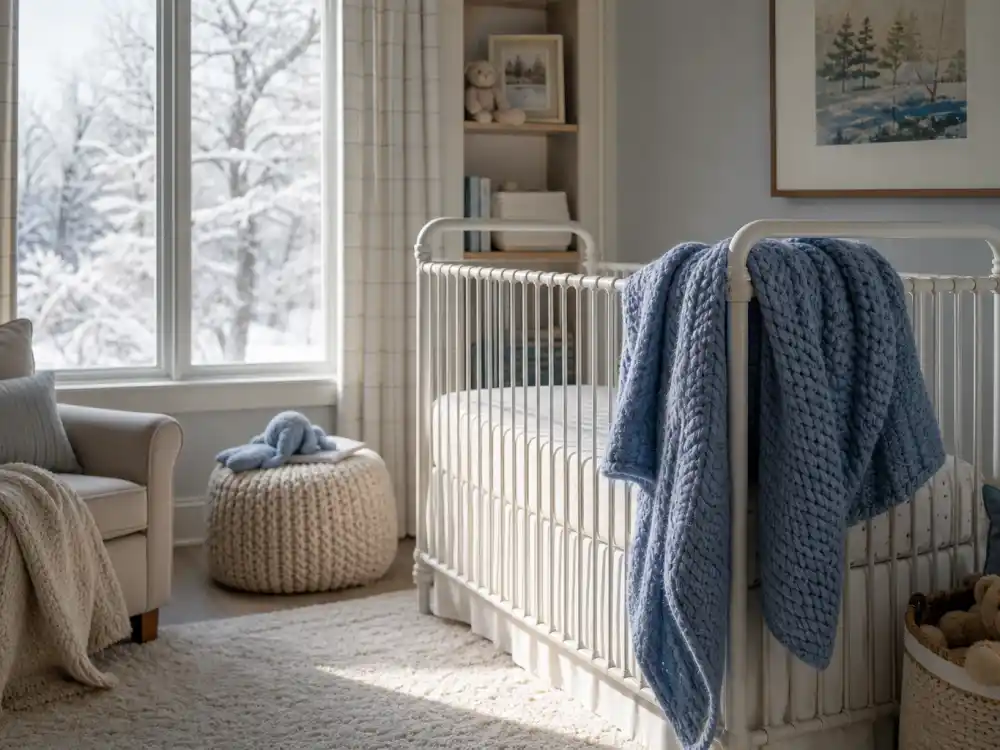 Winter nursery scene for celebrity babies born in 2025 list — cozy crib with blue blanket and snow visible through the window