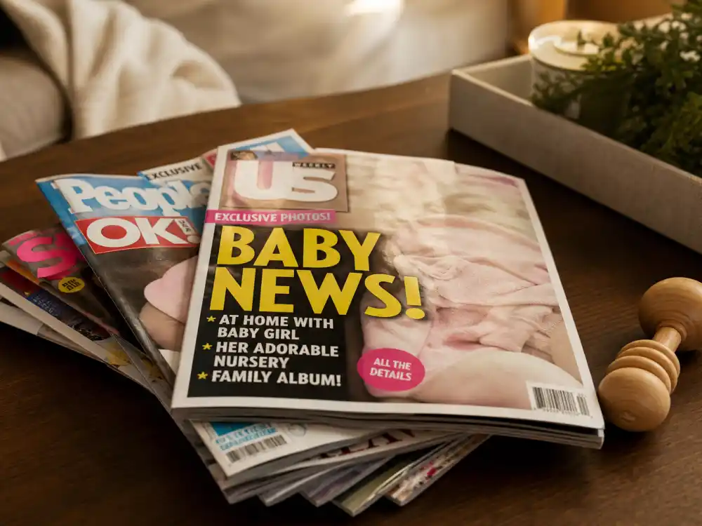 Magazine stack and baby rattle on coffee table — celebrity babies born in 2025 list dominated the entertainment news cycle all year