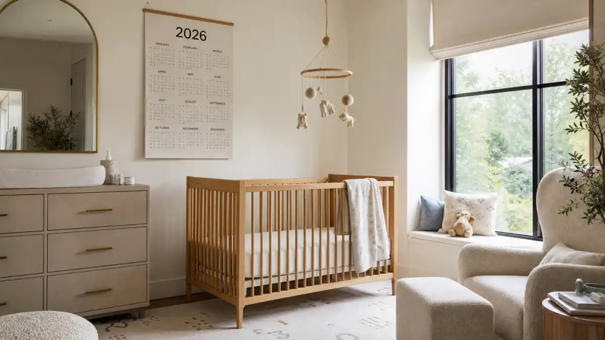 Celebrity babies born in 2026 nursery hub — modern cream crib with 2026 calendar and soft natural window light in a celebrity-style home