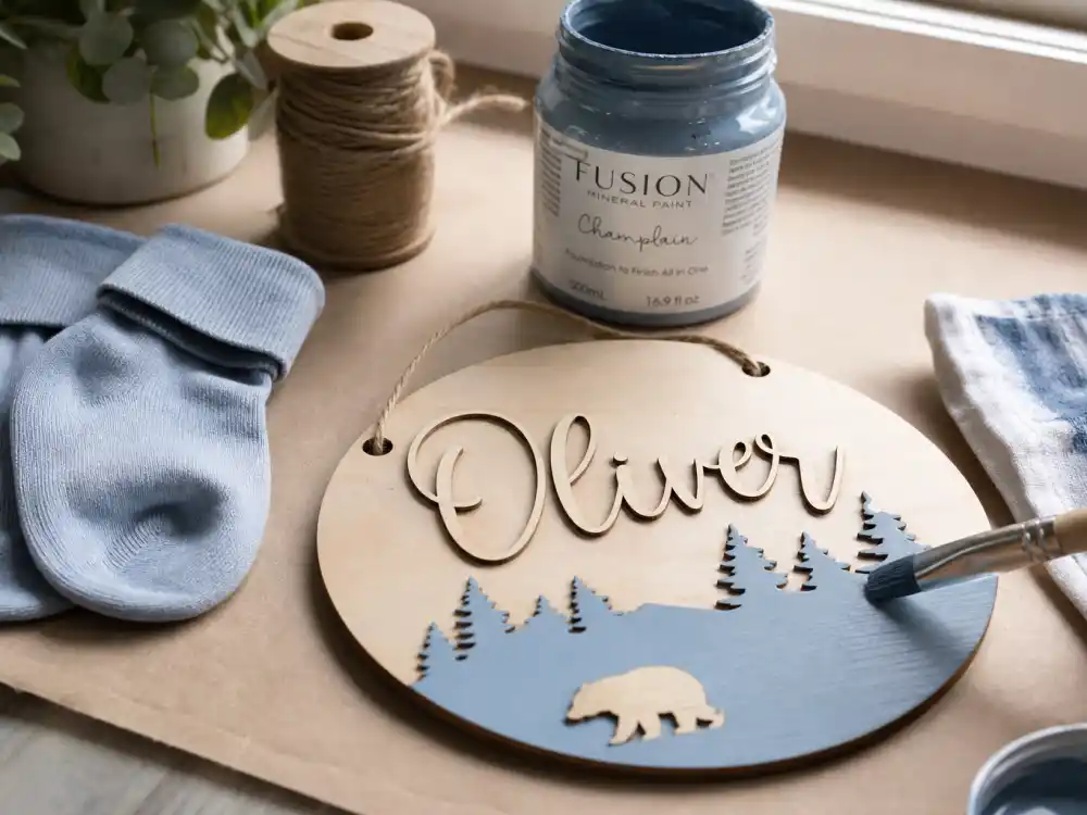 Wooden nursery name plaque on craft table — celebrity babies born in 2026 name trends favor vintage first names and music-inspired middles