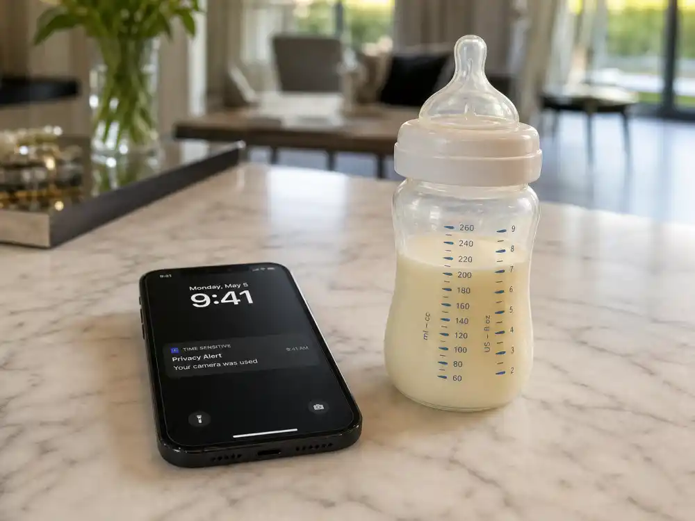 Phone beside baby bottle on kitchen counter — celebrity babies born in 2026 and the privacy-first announcement era