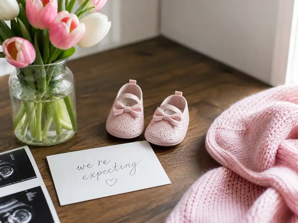 Spring baby announcement table with tulips and tiny shoes — celebrity babies born in 2026 reveal season in full swing
