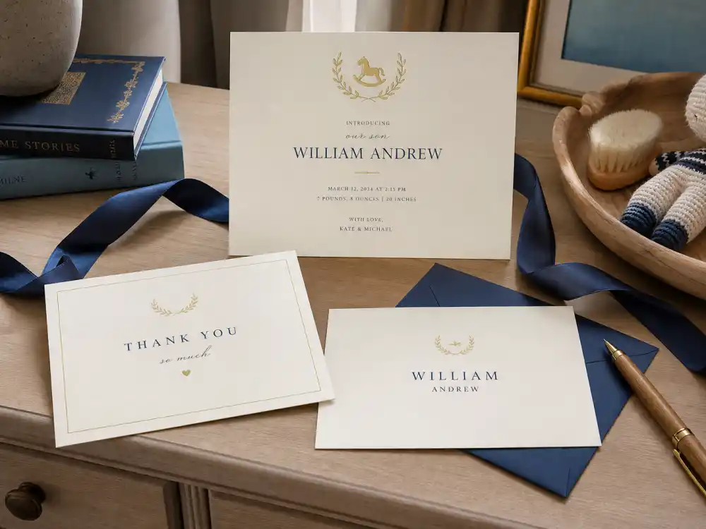 Elegant cream birth announcement stationery with navy accents for baby boys — celebrity baby boy names inspired by stars land on cards fans screenshot within minutes of Instagram drops