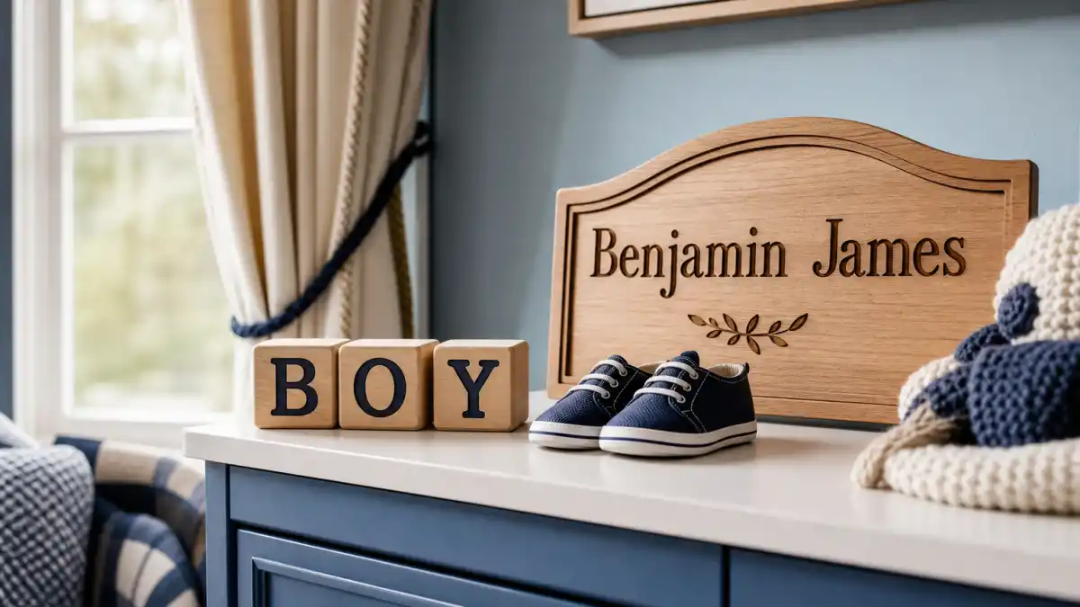 Celebrity baby boy names inspired by stars nursery hub — blue dresser with BOY letter blocks, Benjamin James wooden plaque, and tiny navy sneakers