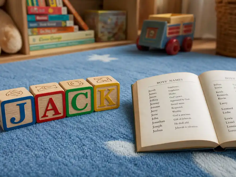 Colorful wooden alphabet letter blocks spelling JACK on blue nursery rug beside vintage baby name book — celebrity baby boy names inspired by stars favor music and family tributes