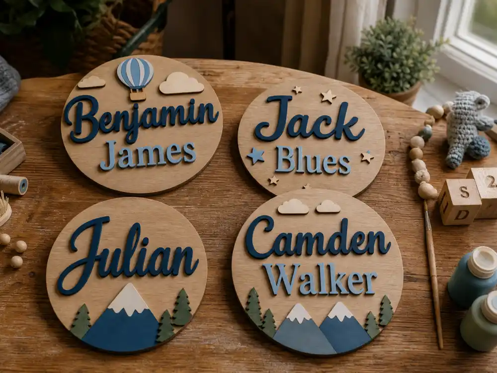 Handcrafted wooden nursery name plaques for Benjamin James, Jack Blues, Julian, and Camden Walker — celebrity baby boy names inspired by stars from verified USA Celebs hubs