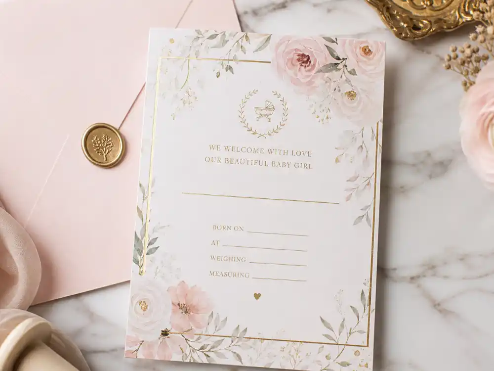 Elegant cream and blush birth announcement stationery for baby girls — celebrity baby girl names unique 2026 land on cards fans screenshot within minutes of Instagram drops