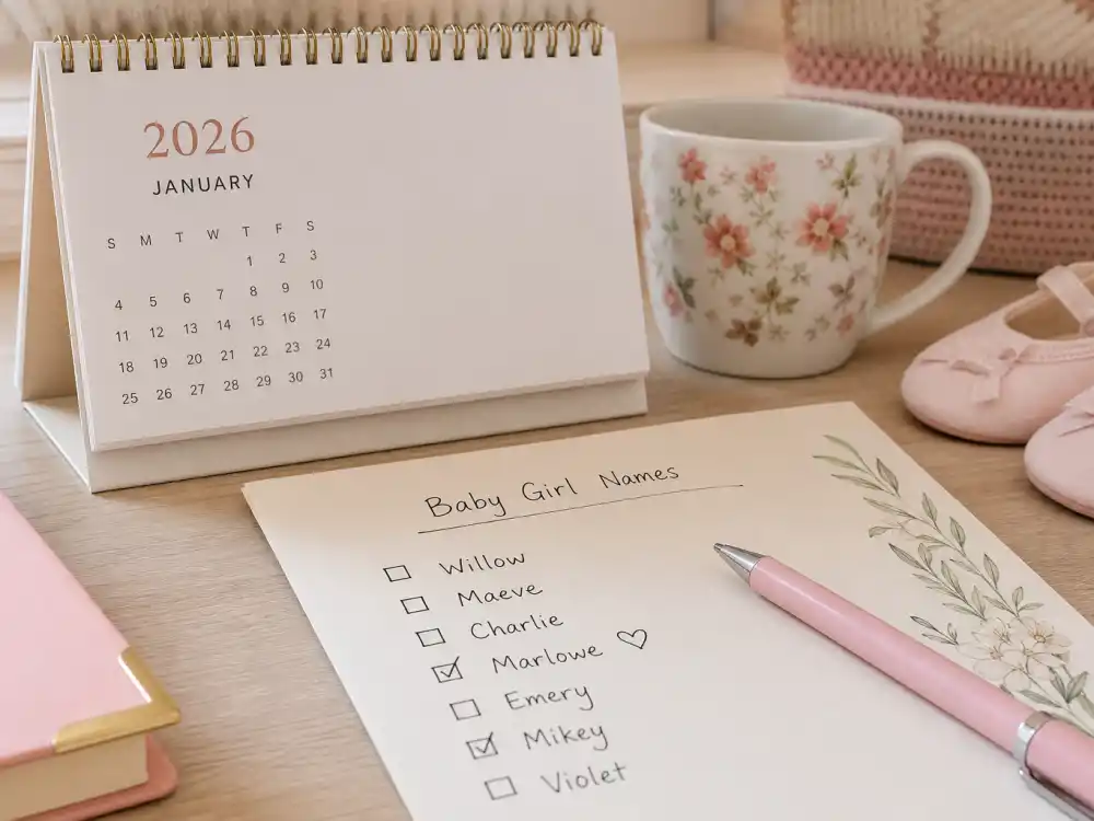2026 desk calendar with handwritten baby girl name checklist on cream stationery — celebrity baby girl names unique 2026 living guide updates when hub #02 confirms official captions