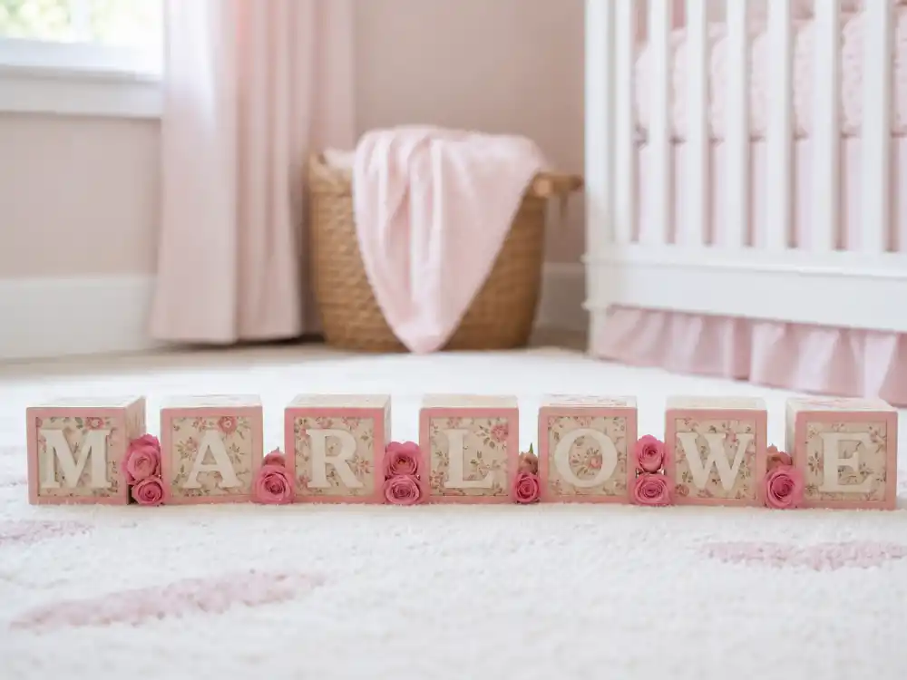 Pink and cream floral wooden alphabet blocks spelling MARLOWE on nursery rug — celebrity baby girl names unique 2026 decode culture starts with confirmed spellings