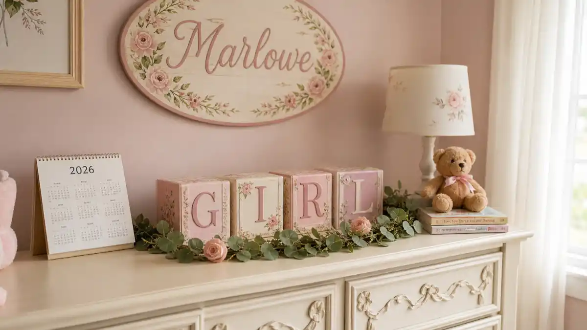 Celebrity baby girl names unique 2026 nursery hub — pink dresser with Marlowe floral name plaque, GIRL letter blocks, and 2026 calendar