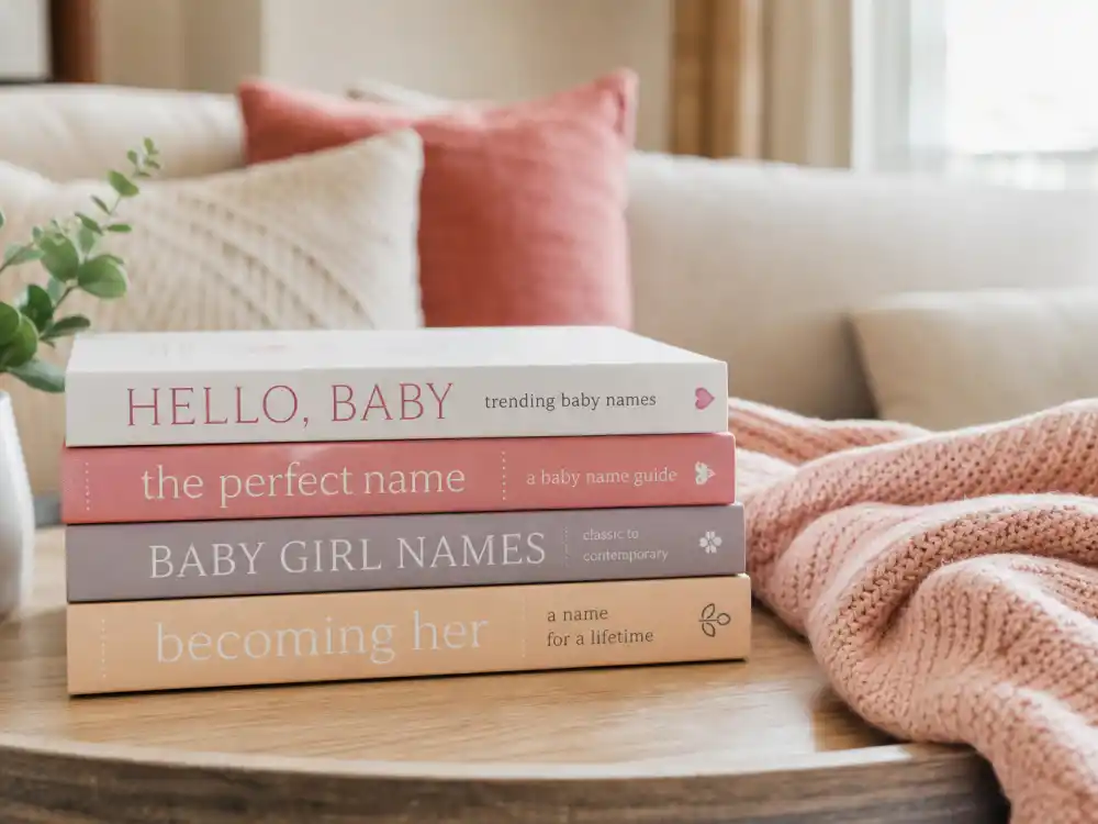 Trending baby girl name books stacked on coffee table with pink nursery blanket — celebrity baby girl names unique 2026 drive search spikes hours after verified star birth reveals