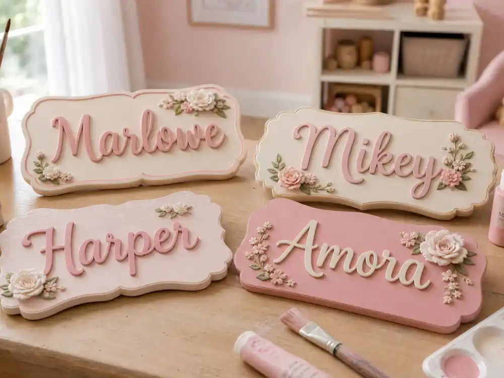 Handcrafted wooden nursery name plaques for Marlowe, Mikey, Harper, and Amora — celebrity baby girl names unique 2026 from verified USA Celebs hubs