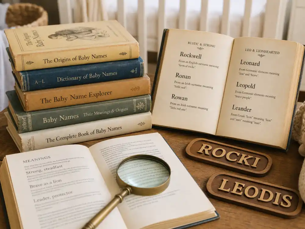Vintage baby name etymology books stacked on nursery table with ROCKI and LEODIS wooden plaques — celebrity baby name meanings explained from verified USA Celebs hubs