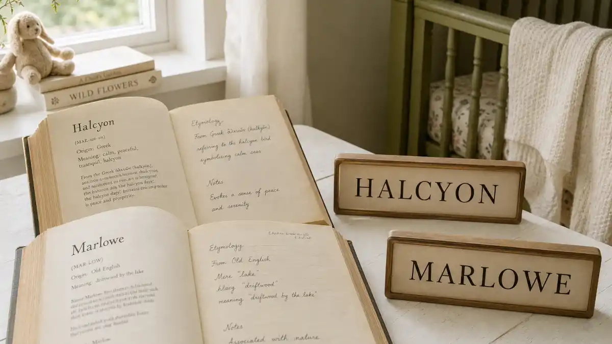 Celebrity baby name meanings explained nursery hub — vintage etymology books open beside HALCYON and MARLOWE wooden name plaques on white table