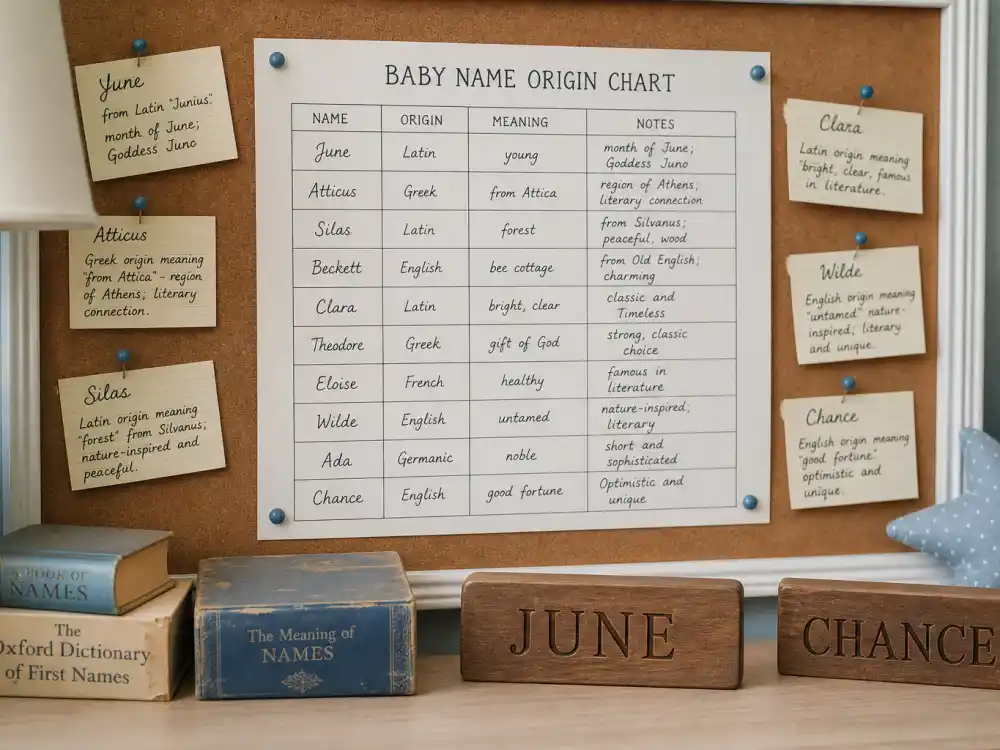 Baby name origin chart on nursery bulletin board with JUNE and CHANCE plaques — celebrity baby name meanings explained separate family statements from cultural literary context