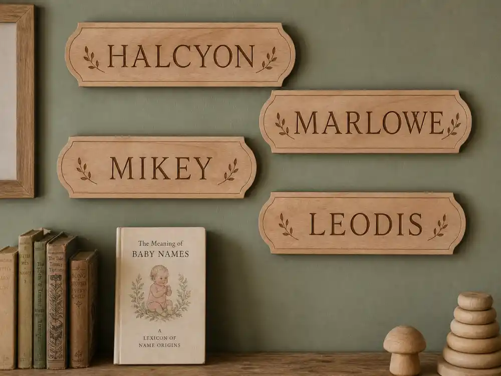 Handcrafted wooden nursery plaques for HALCYON, MARLOWE, MIKEY, and LEODIS beside vintage name books — celebrity baby name meanings explained decode lane for hub-verified spellings