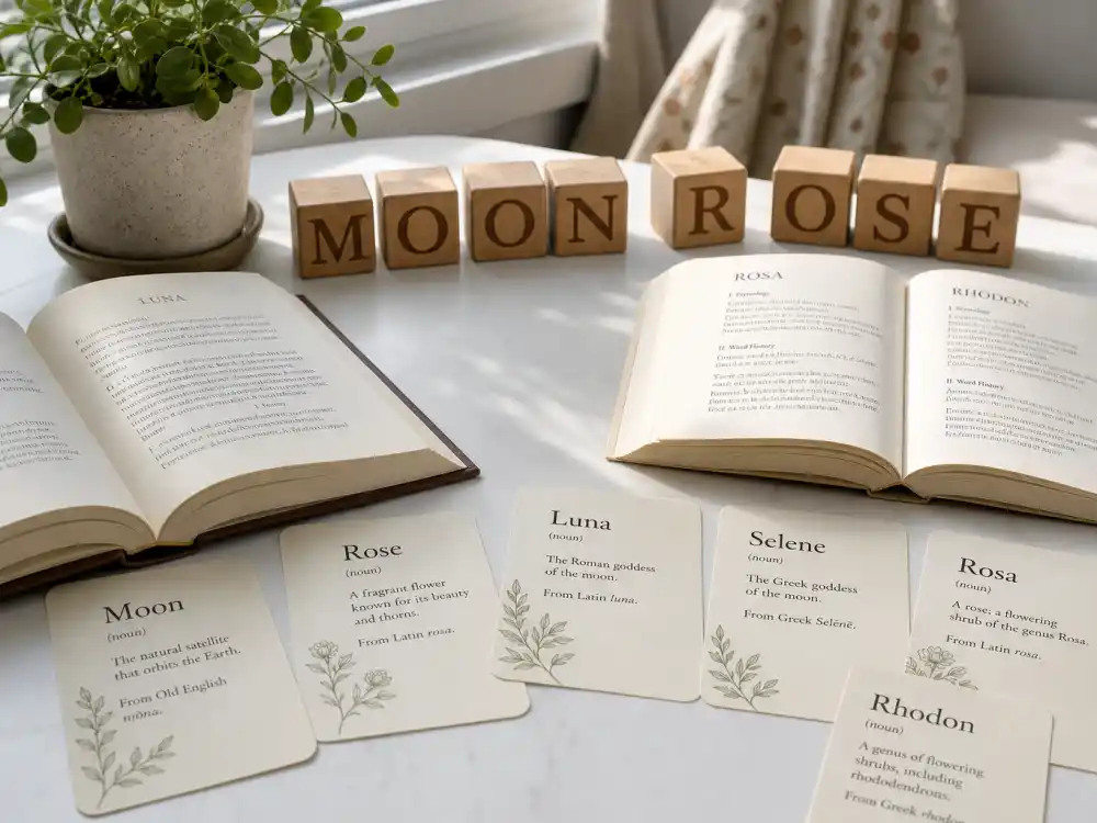 Nursery table with open etymology books and MOON and ROSE letter blocks — celebrity baby name meanings explained drive search spikes hours after every verified star birth reveal