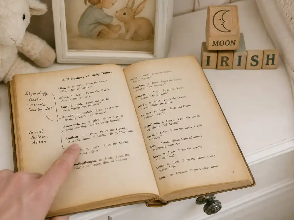 Open vintage baby name dictionary on nursery dresser with MOON and IRISH letter blocks — celebrity baby name meanings explained start with confirmed caption spellings not fan etymology fiction