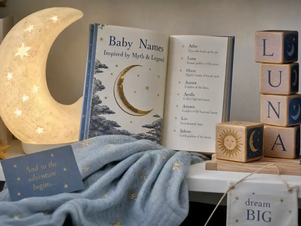 Celestial nursery moon nightlight and letter blocks for celebrity baby name reveals most viral Halcyon Chance and Mikey Moon 2026 arrivals