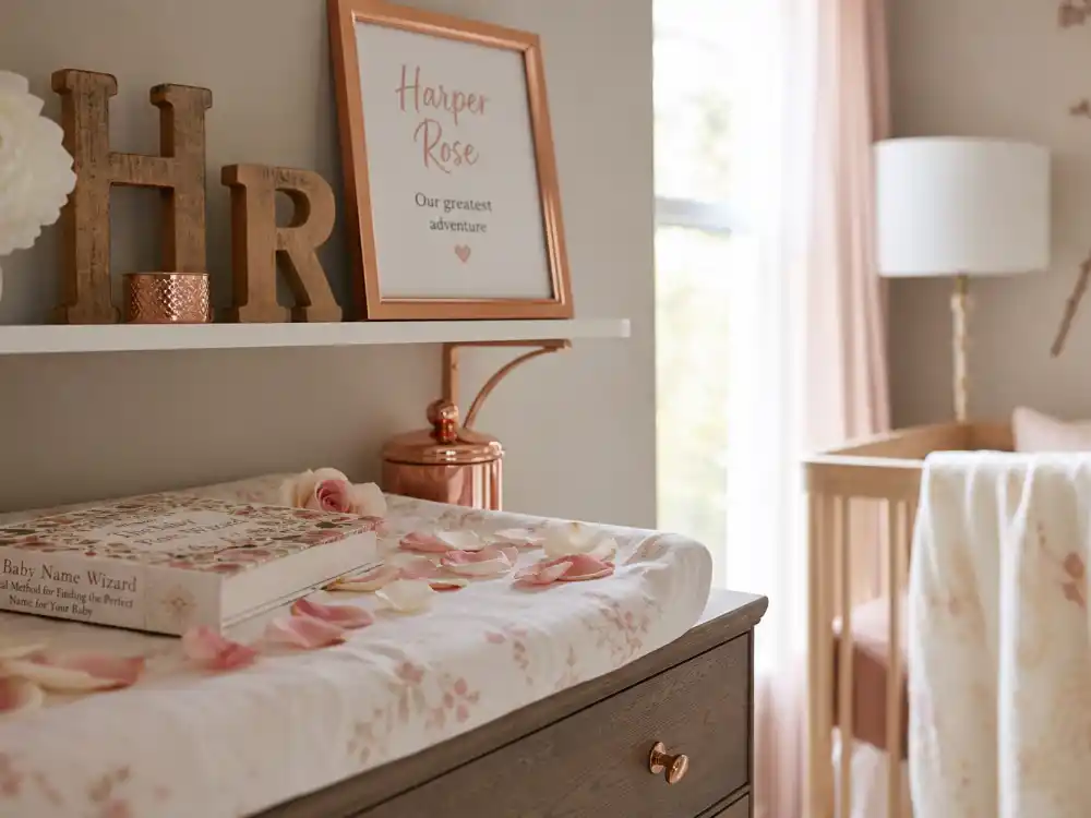Rose gold nursery with literary baby name book for celebrity baby name reveals most viral Harper Rose Zhon — Dixie D'Amelio October 2025 faceless caption reveal