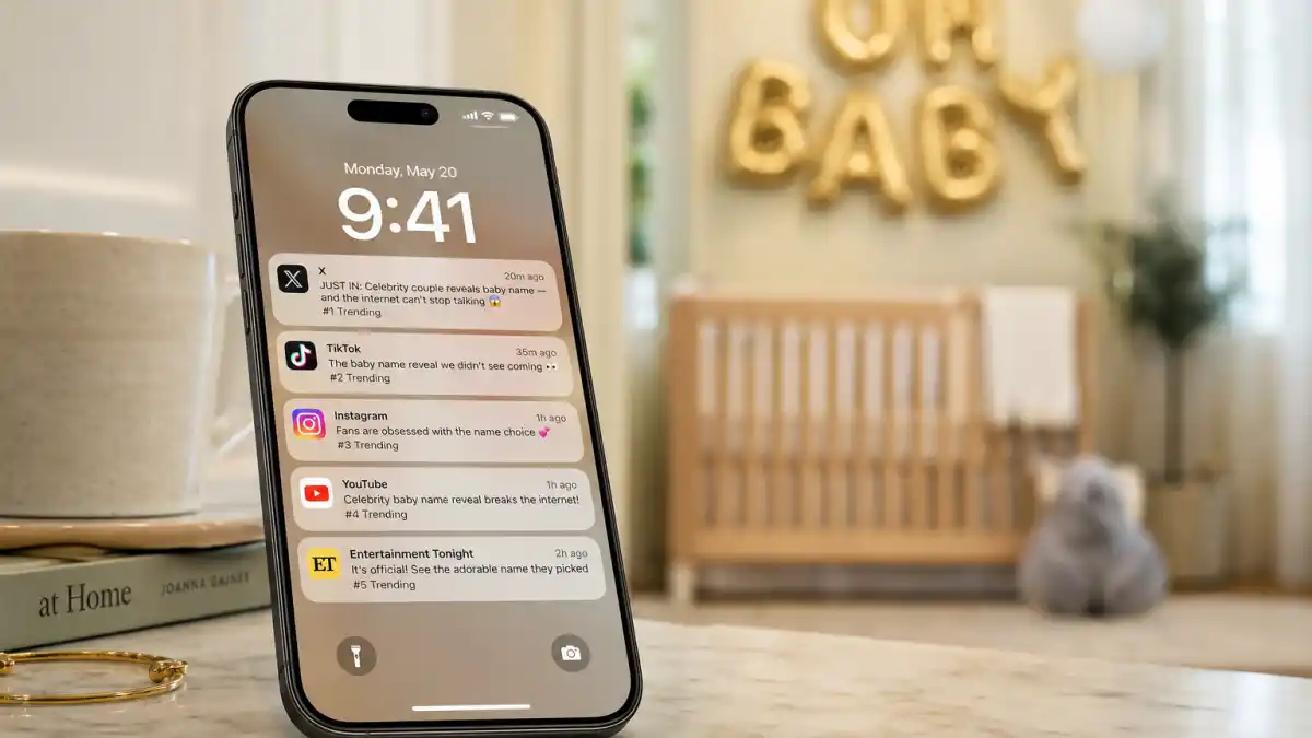 Celebrity baby name reveals most viral — smartphone trending notifications beside nursery name-reveal balloons without faces