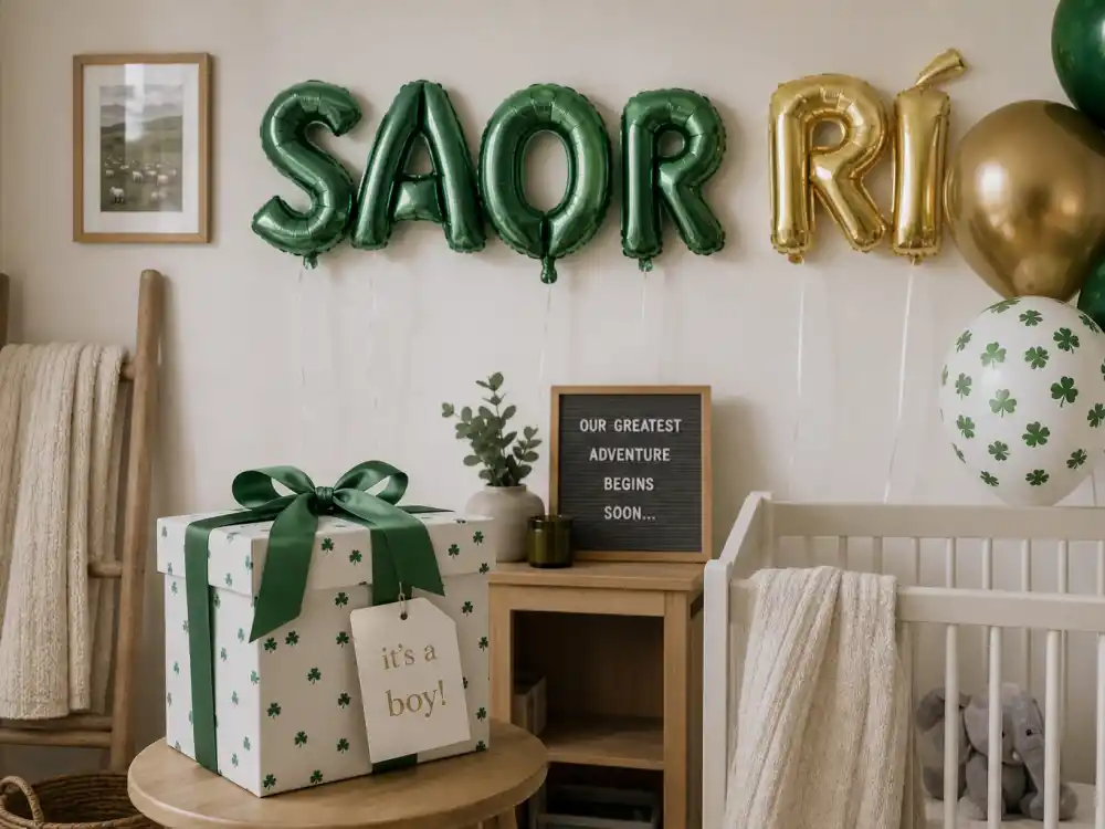 Green and gold nursery name-reveal balloons for celebrity baby name reveals most viral Rocki Irish Mayers — Rihanna September 2025 third child context