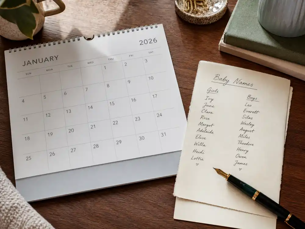 2026 desk calendar with handwritten baby name list on cream stationery — celebrity baby names 2026 popular list updates as official birth posts confirm spellings
