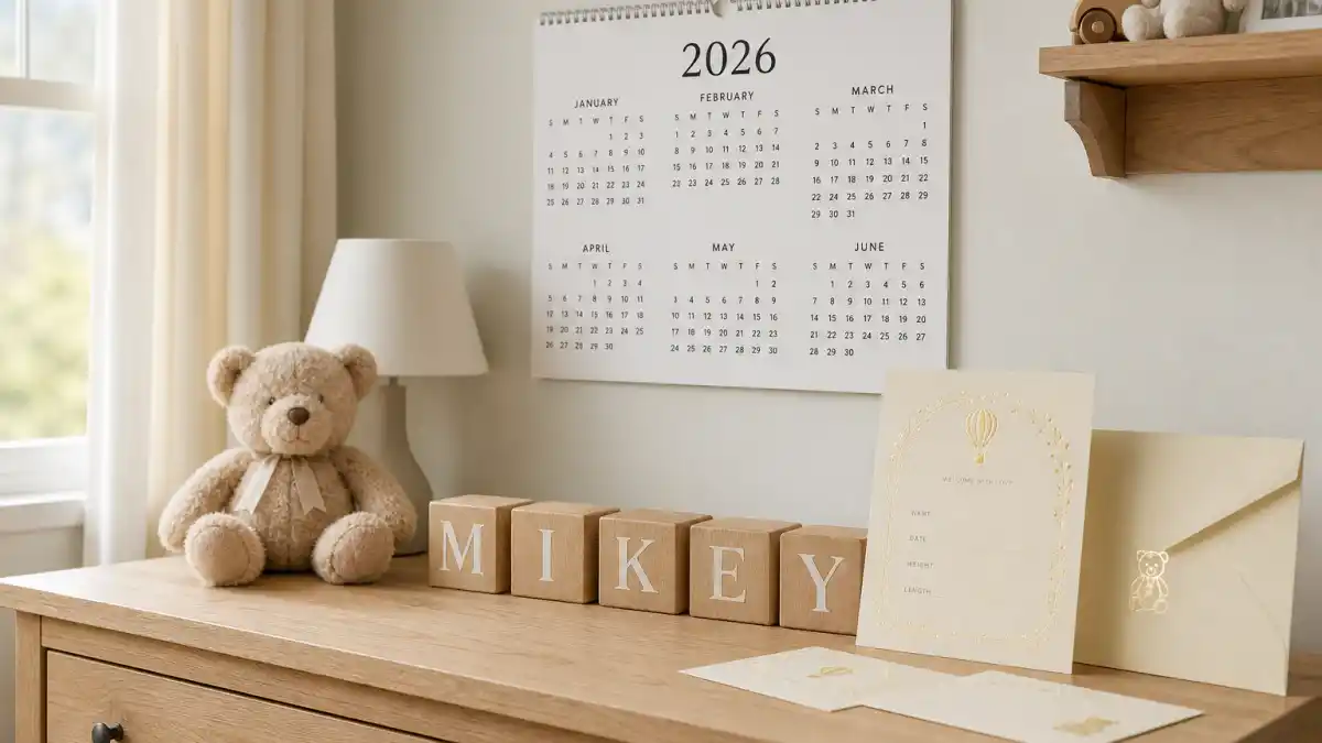 Celebrity baby names 2026 popular list hub — 2026 wall calendar, wooden MIKEY letter blocks, and cream birth announcement stationery on nursery dresser