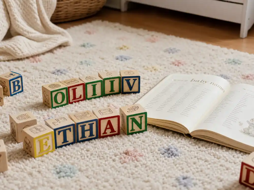 Colorful wooden alphabet letter blocks on nursery rug beside vintage baby name book — celebrity baby names 2026 popular list decode culture starts with confirmed spellings