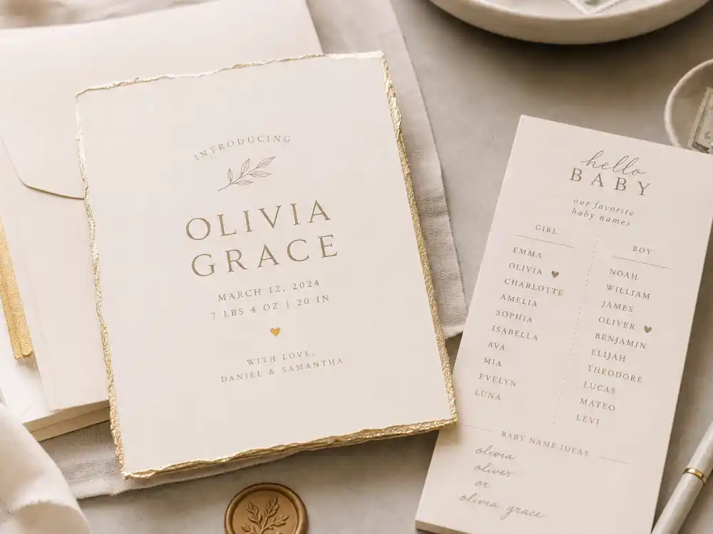 Elegant cream birth announcement stationery with gold foil accents — celebrity baby names 2026 popular list entries land on cards fans screenshot within minutes of Instagram drops
