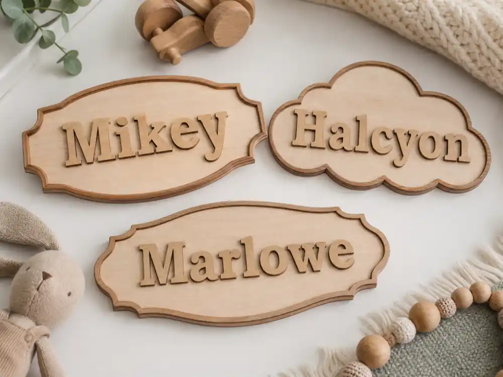 Handcrafted wooden nursery name plaques for Mikey, Halcyon, and Marlowe — celebrity baby names 2026 popular list tracks only verified spellings from hub #02