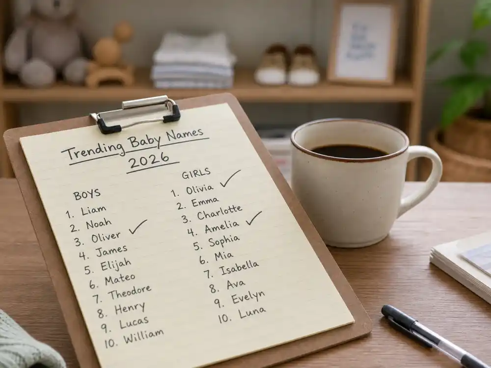Clipboard with handwritten trending baby names checklist for 2026 — celebrity baby names 2026 popular list grows only when USA Celebs hub confirms official captions