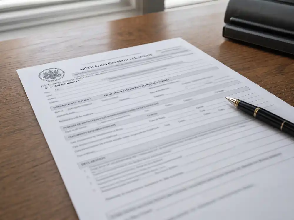 Blurred birth certificate application form on desk — celebrity baby names banned unusual registry rules limit symbols numerals and offensive strings on official documents