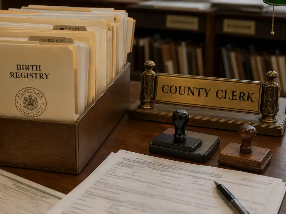 Courthouse birth registry clerk desk with official files — celebrity baby names banned unusual disputes often begin at vital records offices before headlines spread