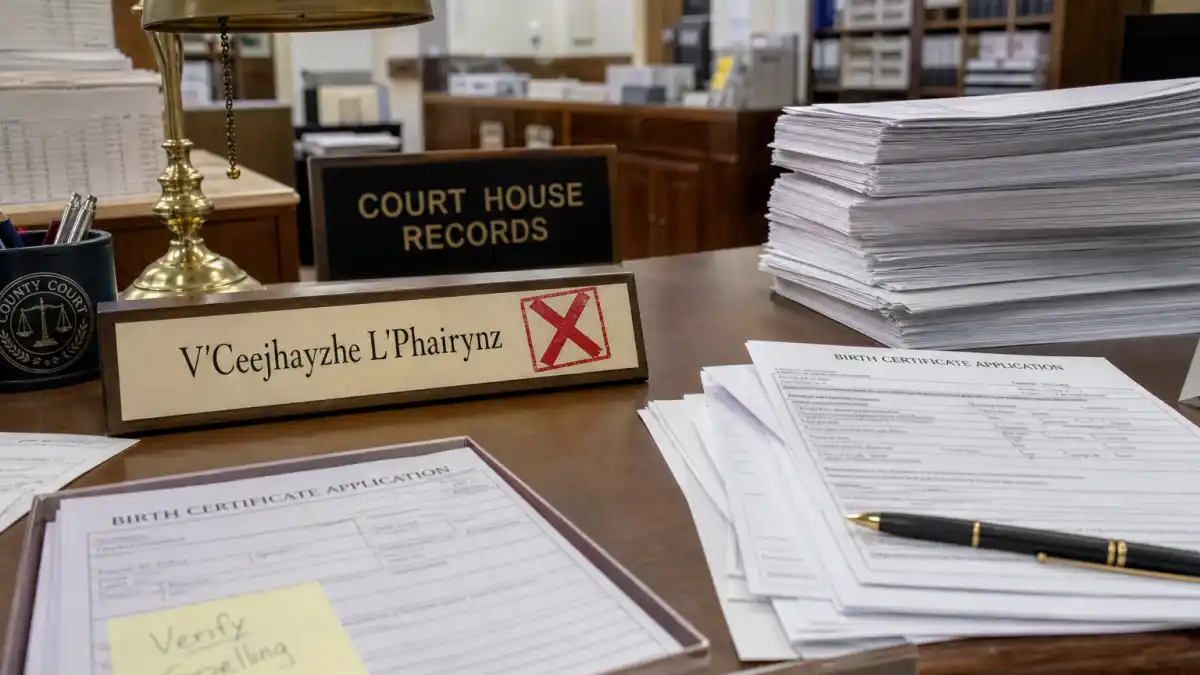 Celebrity baby names banned unusual courthouse records desk — birth certificate forms blurred beside rejected name plaque with red X mark and legal paperwork