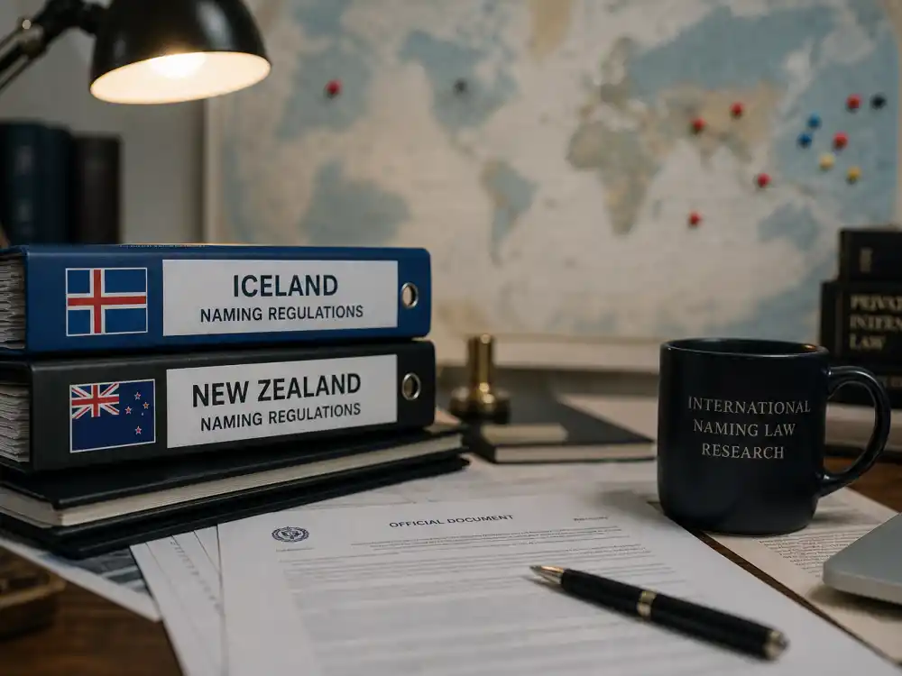 International naming law research desk with Iceland and New Zealand folders — celebrity baby names banned unusual abroad follow different alphabet and title rules