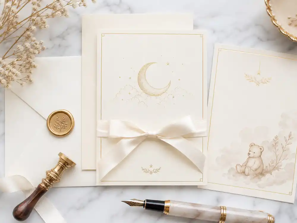 Elegant cream birth announcement stationery with gold foil accents — celebrity baby names unique and trending land on cards fans screenshot within minutes of Instagram drops