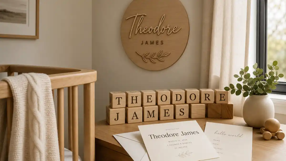 Celebrity baby names unique and trending nursery hub — wooden name plaque, letter blocks, and cream birth announcement stationery on dresser