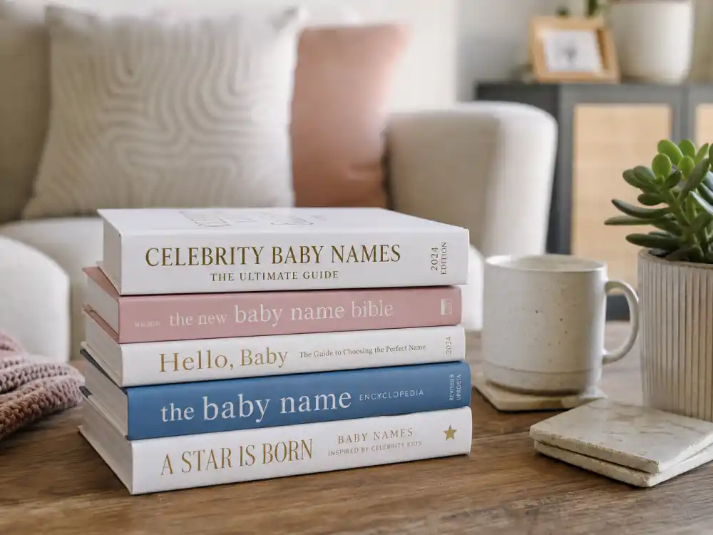 Trending baby name books stacked on coffee table — celebrity baby names unique and trending drive search spikes hours after every verified star birth reveal