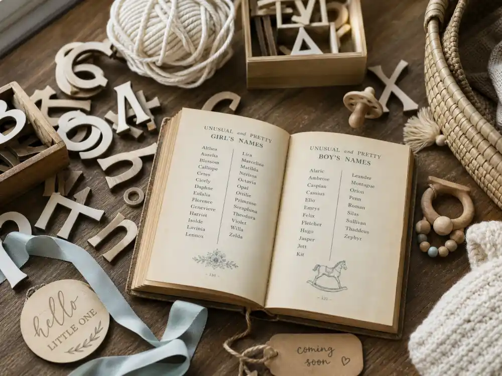 Nursery craft table with wooden cutout letters and vintage baby name book — celebrity baby names unique and trending patterns favor vintage firsts and tribute middles