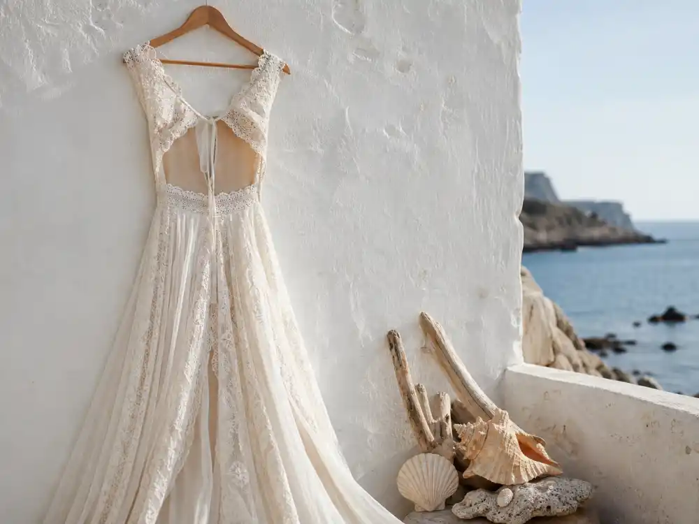 Bohemian lace beach wedding dress on hanger defining celebrity beach wedding dress looks from Lauren Conrad Cabo waves to modern boho destination brides