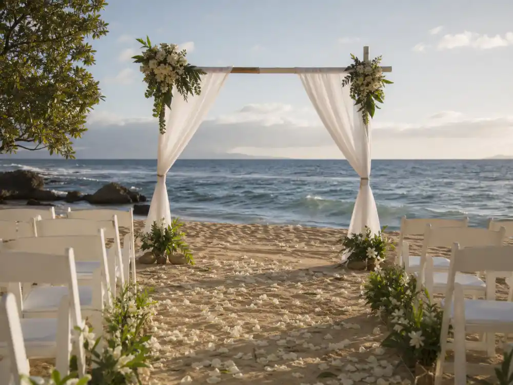 Tropical beach wedding ceremony arch on sandy shore where celebrity beach wedding dress looks meet destination vow styling and ocean backdrops