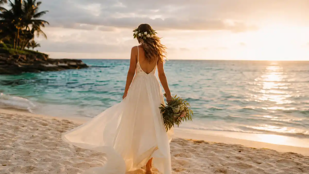 Celebrity beach wedding dress looks — bride in flowing ivory chiffon gown with flower crown walking barefoot toward turquoise ocean at golden hour seen from behind