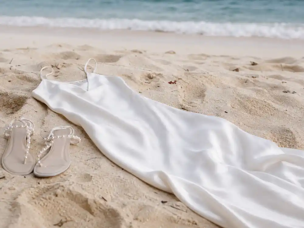 Minimalist silk slip beach wedding dress flat lay on pale sand illustrating celebrity beach wedding dress looks clean column and barefoot elegance codes