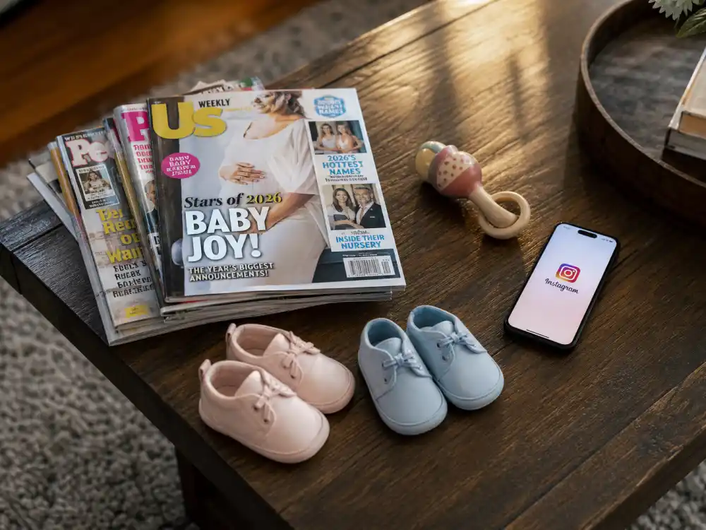 Magazines and baby rattle beside phone for celebrity birth announcements Instagram 2026 news cycle — People and E! aggregation after official posts